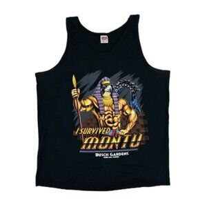Vintage 90s Busch Gardens I SURVIVED MONTU Roller Coaster Black Tank Top Mens XL